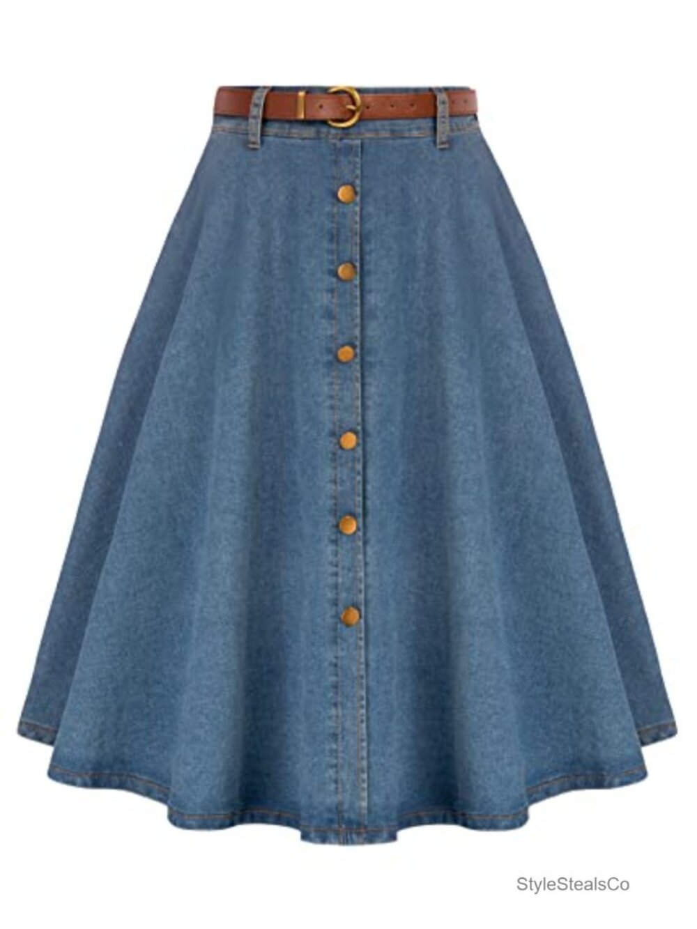 Vintage Denim Midi Skirt with Pockets A-Line High Waist Jean Skirt